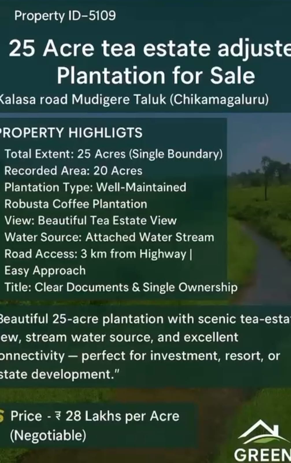 🆔 *Property ID – 5109*  ☕🌿 *25 Acre Tea Estate Adjacent Plantation for Sale – Kalasa Road, Mudigere Taluk (Chikkamagaluru)*🌄